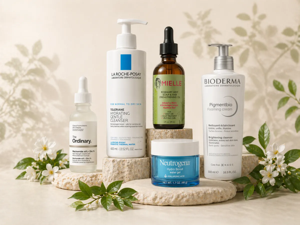 Seleção de produtos de skincare e cuidado capilar originais